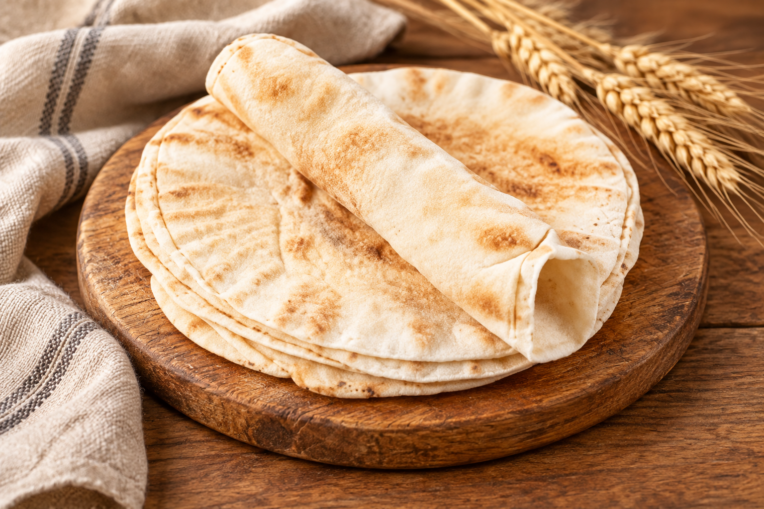 Composição ilustrativa de pão pita numa tábua, com linho e espigas de trigo